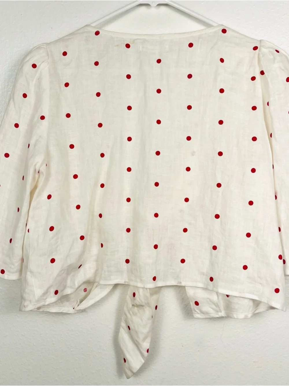 Reformation Cream Tie-Front Crop Top with Red Polka Dots